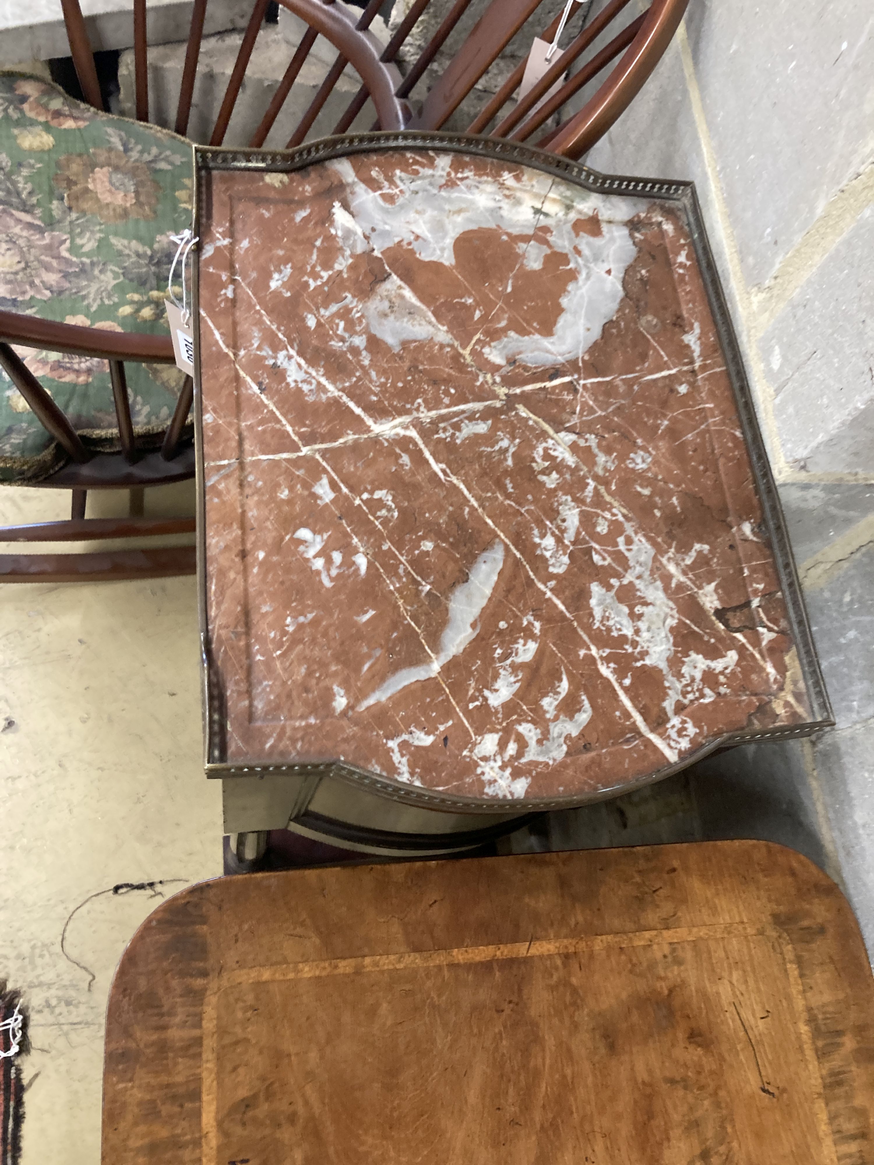 A 19th century French marble top brass inlaid bedside cabinet, width 46cm, depth 35cm, height 90cm